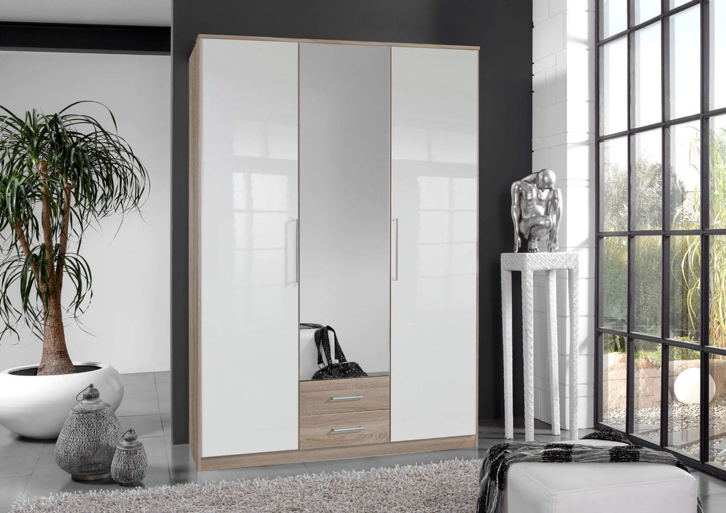 Alpine White Gloss and Oak Effect 3 Door / 2 Drawer Wardrobe