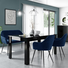 Load image into Gallery viewer, Black Gloss Extendable Dining Table with 2 Navy Blue Velvet Dining Chairs and 1 Bench
